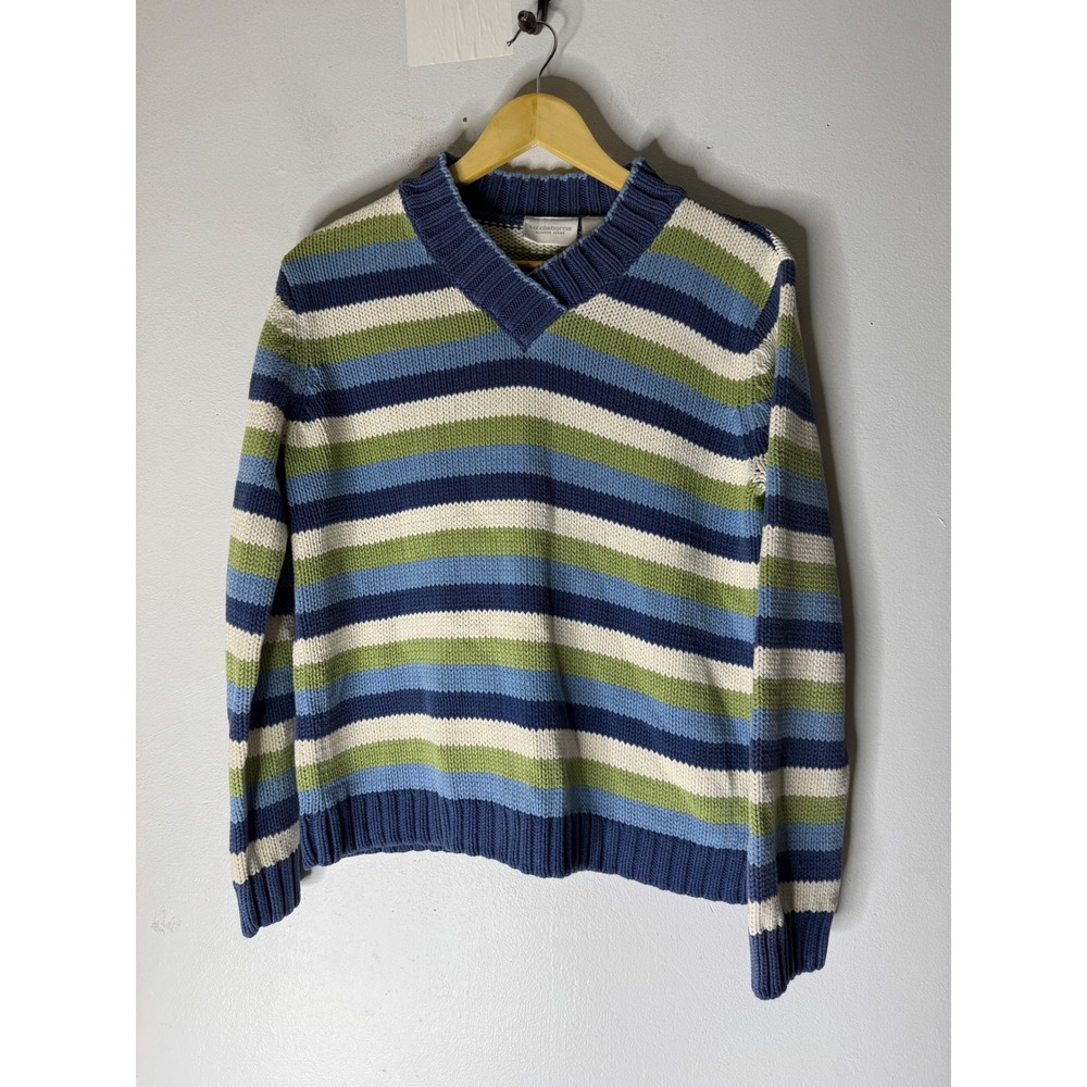 Liz‎ Claiborne blue green stripe v neck cotton blend pullover sweater medium
